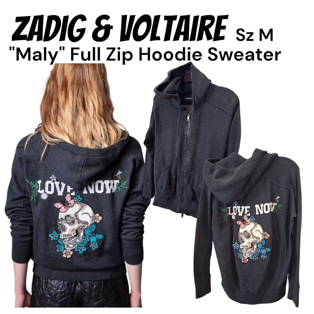 Zadig & Voltaire Sz M Maly Love Now Embroidered Skull Butterfly Bee Zip Sweater